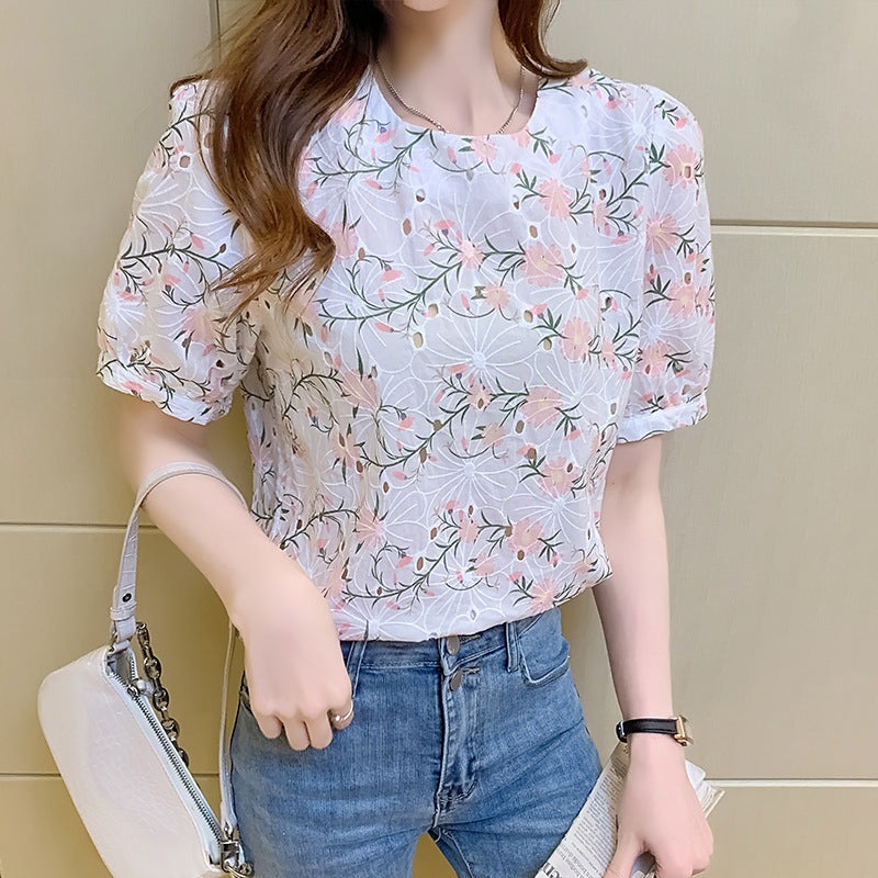 Women's French Style Floral Lace Short Sleeve Chiffon Top