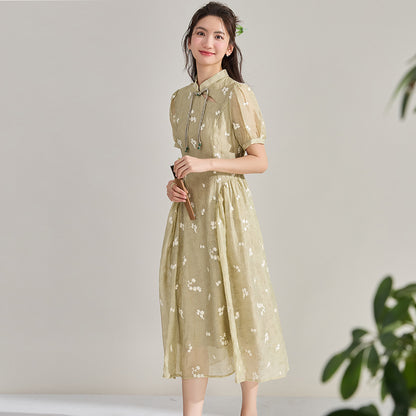 Elegant Tencel Embroidery Floral Qipao Dress