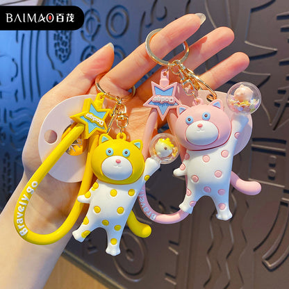 Cute polka dot cat keychain for men's and women's trendy cars, cute cat doll keychain, exquisite couple backpack pendant