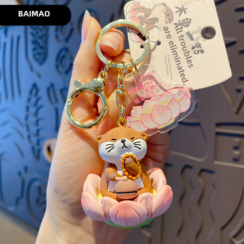 Buddha style Good Luck Lotus Lotus Series Wooden Fish Three Flower Cat Pig Pig Keychain Exquisite Resin Doll Keychain Ring