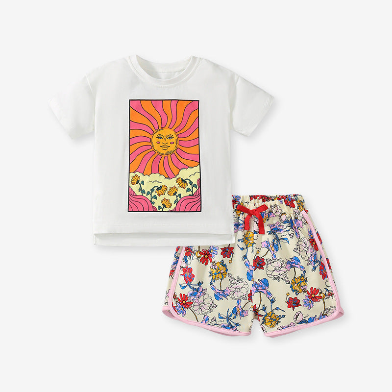 Cartoon Print Girls' Cotton T-shirt Shorts Two-pieces Set