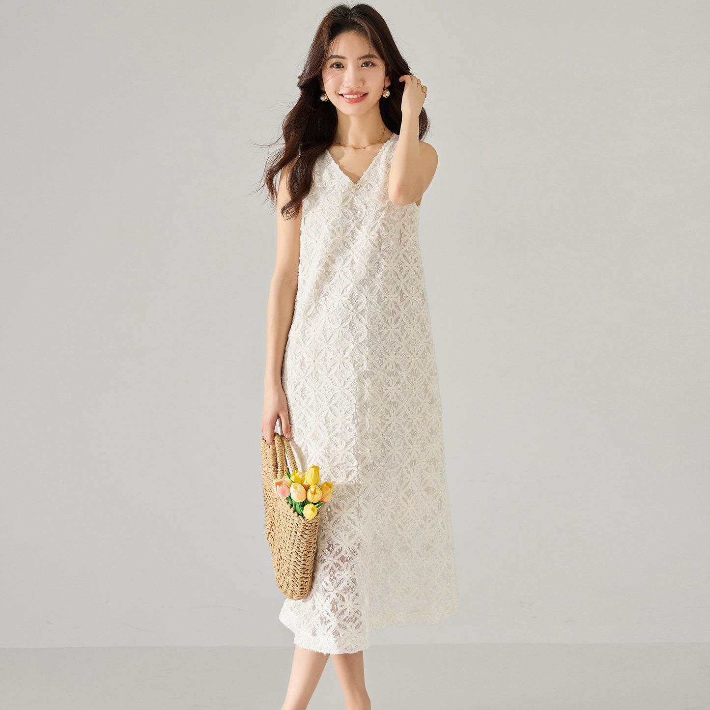 Elegant Lace V-Neck Embroidered Midi Dress