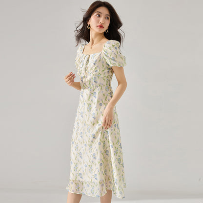 Elegant Floral Puff Sleeve Midi Dress