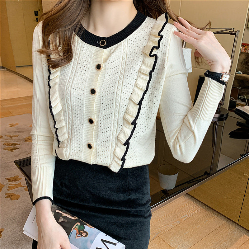 Women's Ruffled Knitted Top with Hollow Design