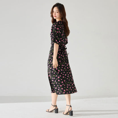 Vintage Elegance Floral Wrap Midi Dress