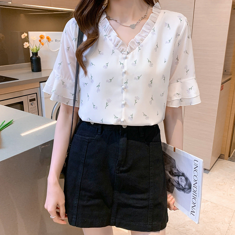 Women's Korean Style V-Neck Floral Retro Short Sleeve Chiffon Blouse