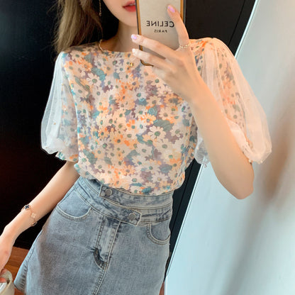 Women's Beaded Mesh Puff Sleeves Floral Top