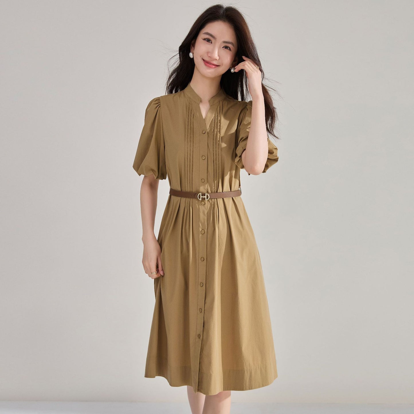 Chic Lantern Sleeve Cotton Blend Shirt Dress