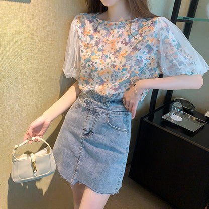 Women's Beaded Mesh Puff Sleeves Floral Top