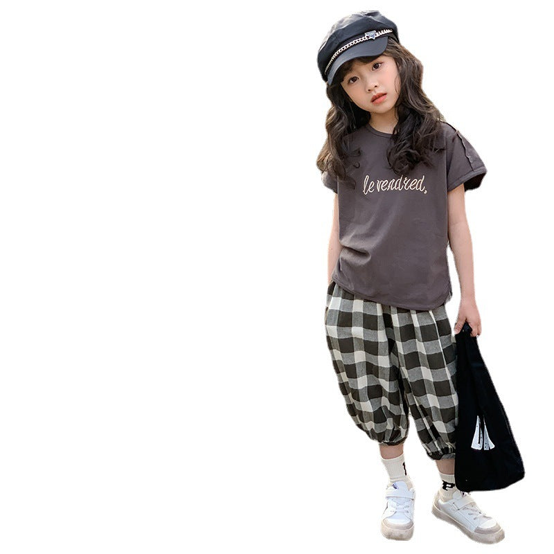 Girls' Casual T-shirt and Plaid Capri Pants Two Pieces Set
