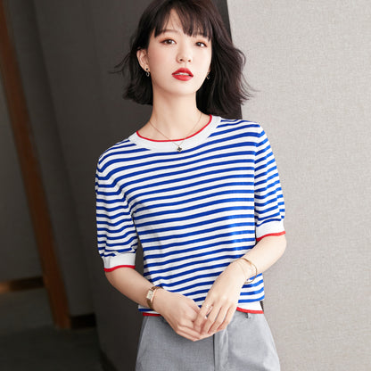 Women's Preppy Style Contrast Colors Short Sleeve Striped Knitted Top