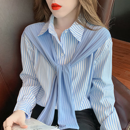 Women's Striped Fake Two-Piece Shawl Long Sleeve Blouse