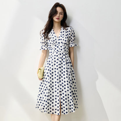 Chic French Polka Dot Jacquard Midi Dress