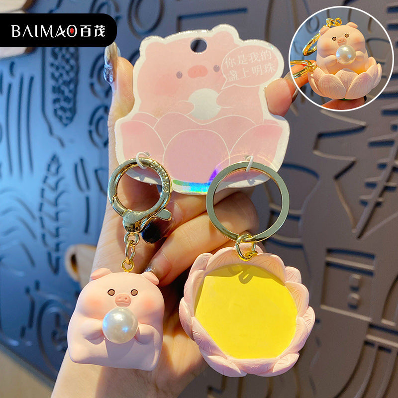 Couple's Cute and Exquisite Chai Dog Resin Doll Keychain Pendant with Small Trash Wood Keychain