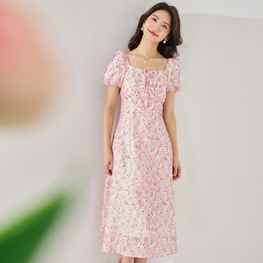 Elegant Floral Puff Sleeve Midi Dress