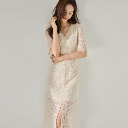 Elegant Ivory Lace Cinched Waist Dress