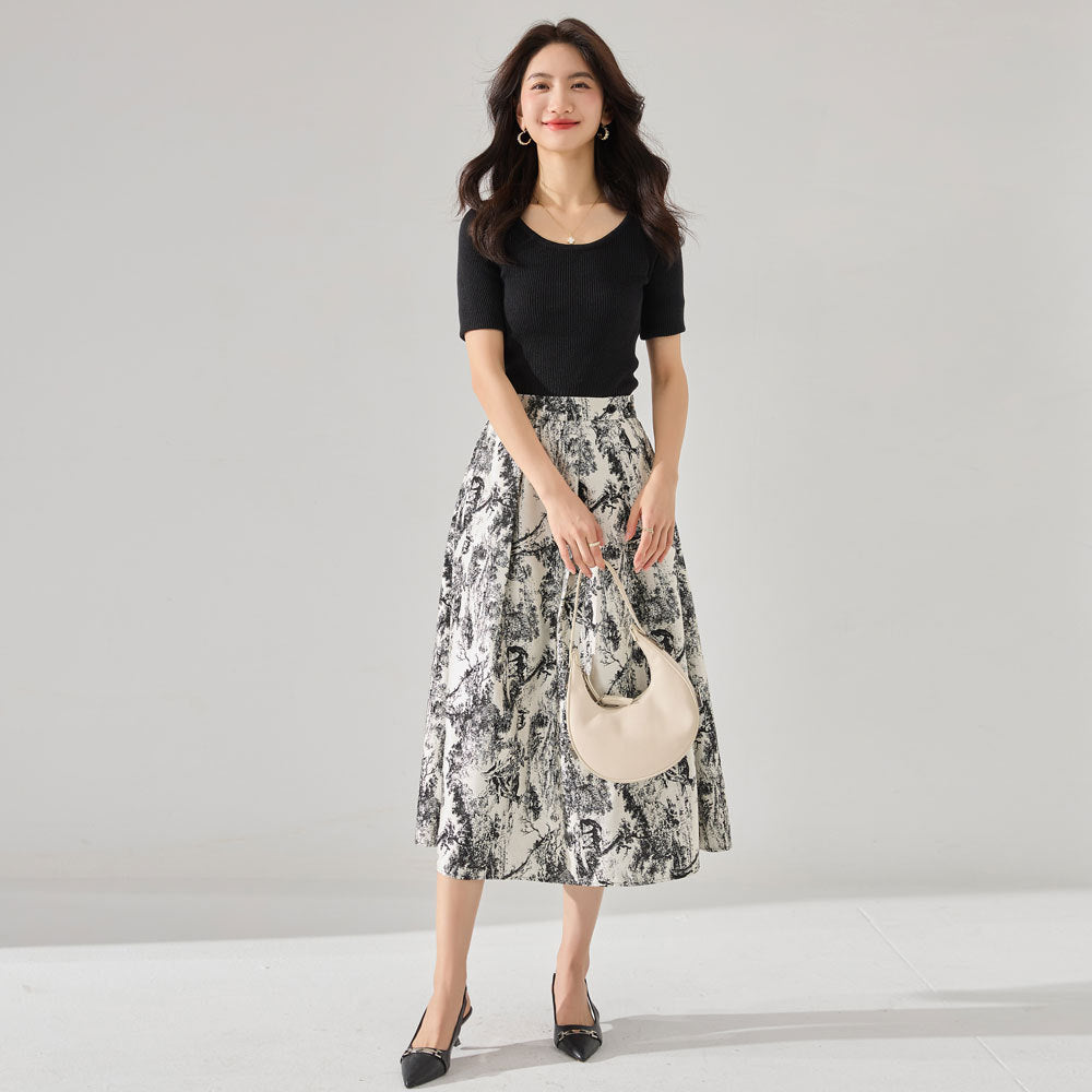 Elegant Pleated Floral A-Line Skirt