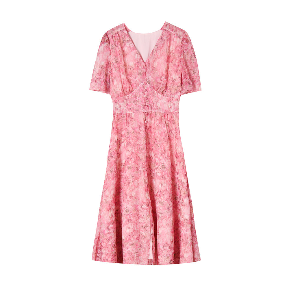 Chic French Pink Chiffon Slit Floral Midi Dress