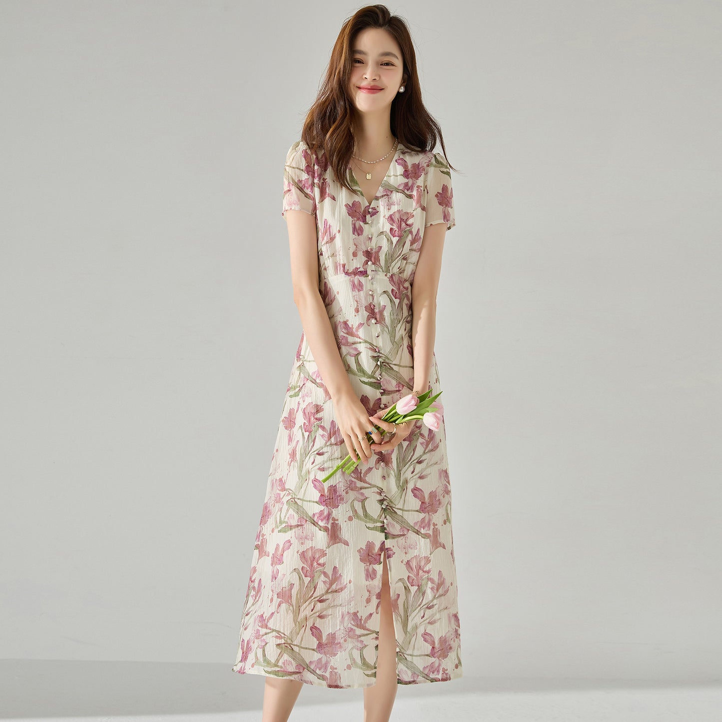 French Iris Floral V-Neck Midi Dress