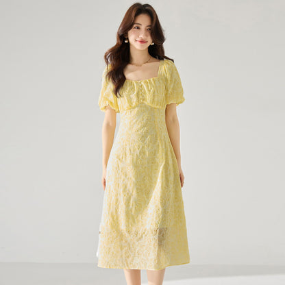 Elegant French Yellow Textured Square-Neck Floral Dress