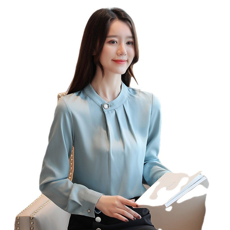 Women's French Style Satin Drape Long Sleeve Chiffon Blouse