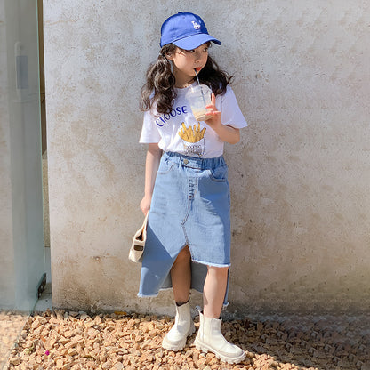 Girls' Korean Style T-shirt and Denim Skirt Two Pieces Set