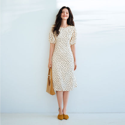 Elegant Heart Print French Lantern Sleeve Midi Dress