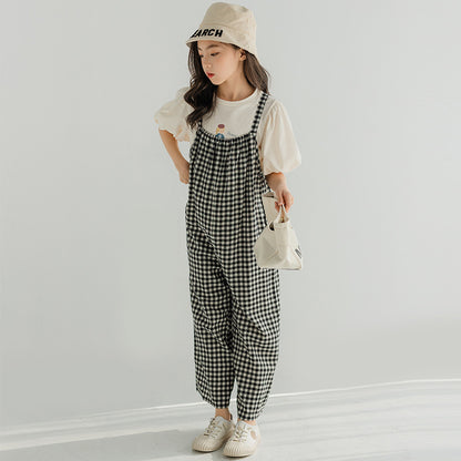 Girls' Casual T-shirt and Plaid Suspender Pants Two Pieces Set
