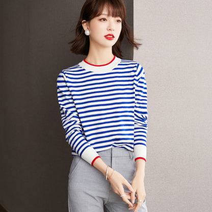 Chic Women's Long Sleeve Striped Knitted T-Shirt