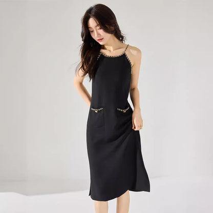 Elegant Chain-Detail Black Midi Dress