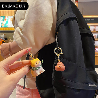 Couple's Cute and Exquisite Chai Dog Resin Doll Keychain Pendant with Small Trash Wood Keychain