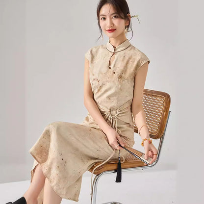 Gradient Jacquard Tie-Detail Qipao Dress