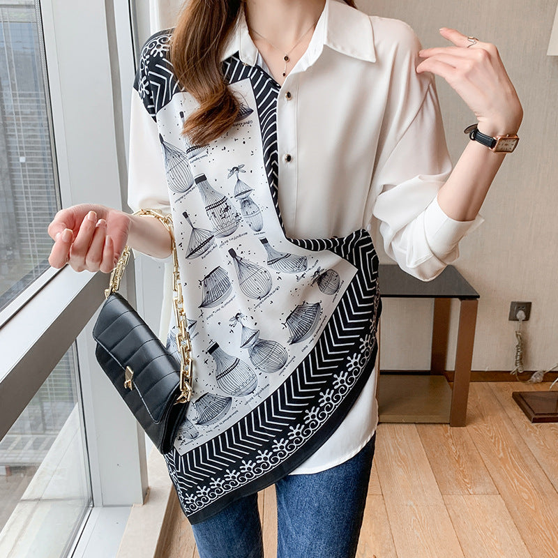 Women's Retro Printed Irregular Long Sleeve Blouse