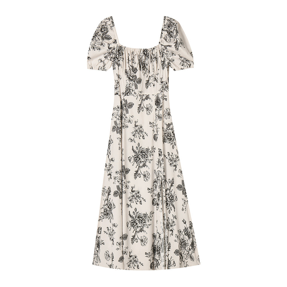 Retro Puff Sleeve Drawstring Floral Midi Dress