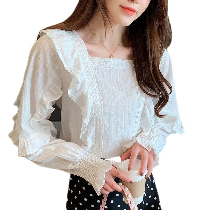 Women's Korean Style Long Sleeve Square Collar Ruffled Lace White Chiffon Blouse