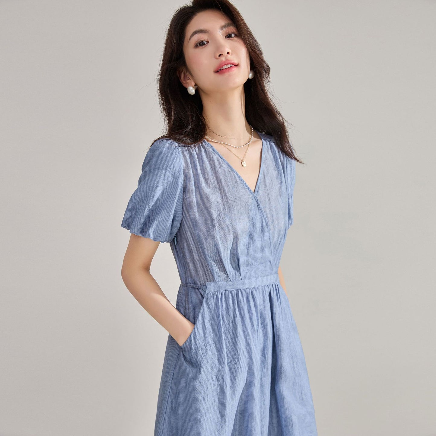 Blue Tencel Jacquard Tie-Waist Midi Dress