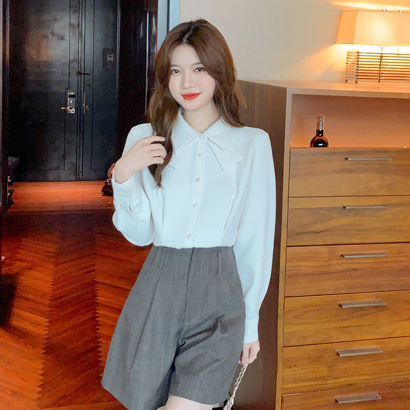 Women's French Style White Long-Sleeve Blouse