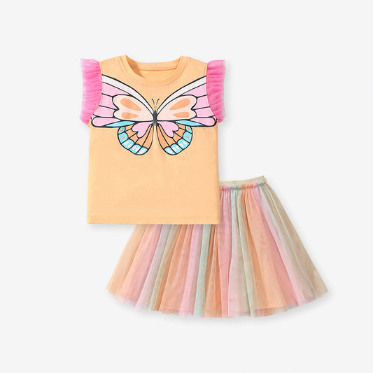 Cartoon Butterfly Girls' Cotton T-shirt Skirt Two-pieces Set