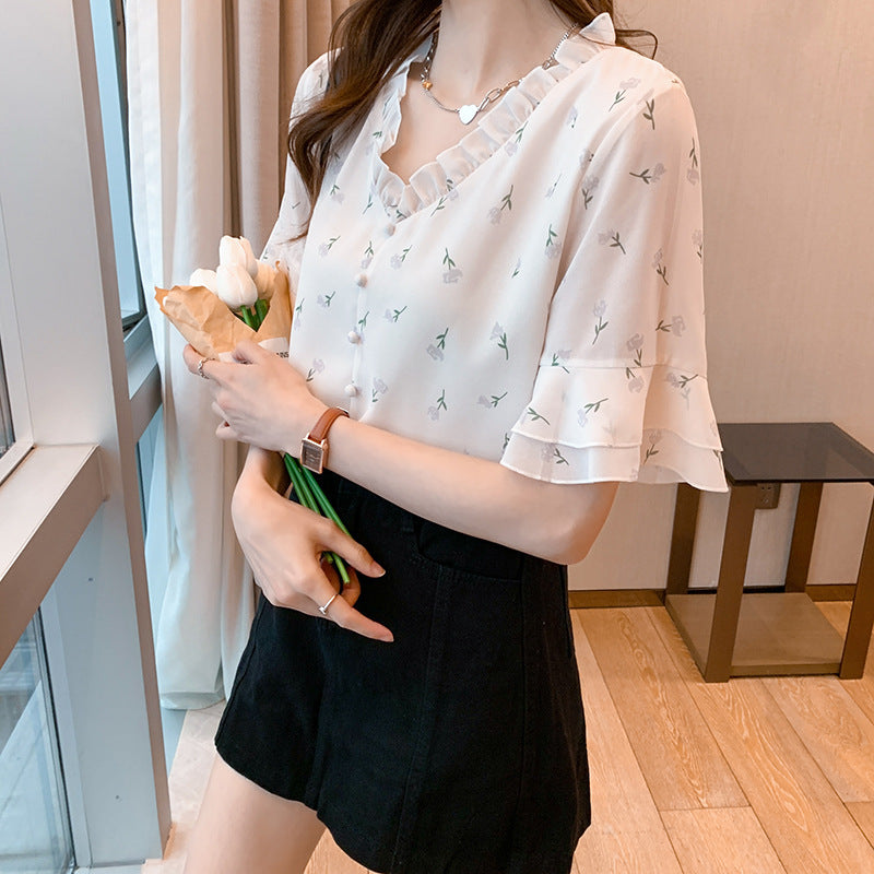 Women's Korean Style V-Neck Floral Retro Short Sleeve Chiffon Blouse