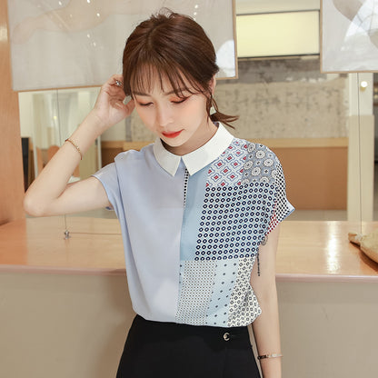 Women's Korean Style Loose Short Sleeve Doll Collar Contrast Color Chiffon Blouse