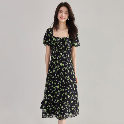 Retro Black French Floral Puff Sleeve Dress