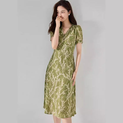 Elegant Avocado Green Floral V-Neck Midi Dress