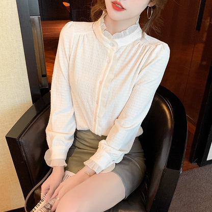 Women's French Style Stand Collar Long Sleeve Chiffon Blouse