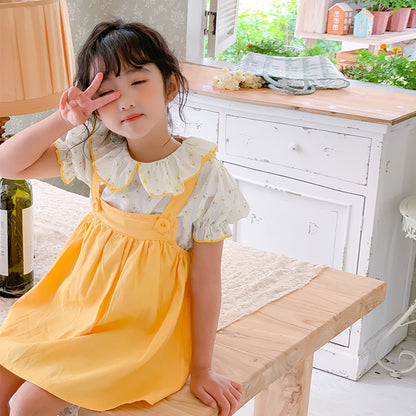 Girls' Korean Style Floral Blouse and Suspender Dress Two Pieces Set