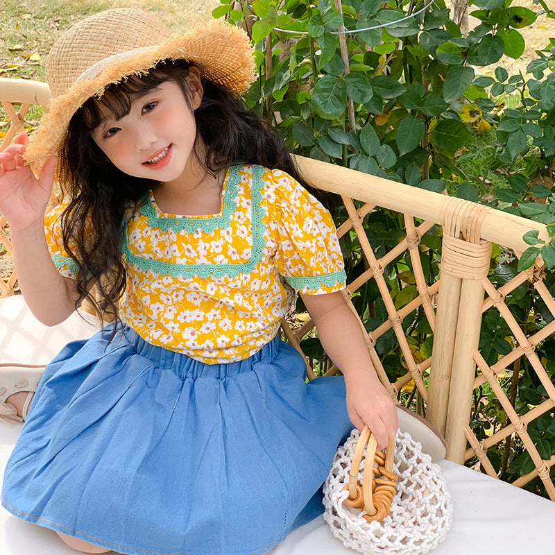 Girls' Korean Style Floral Blouse and Denim Skirt Two Pieces Set
