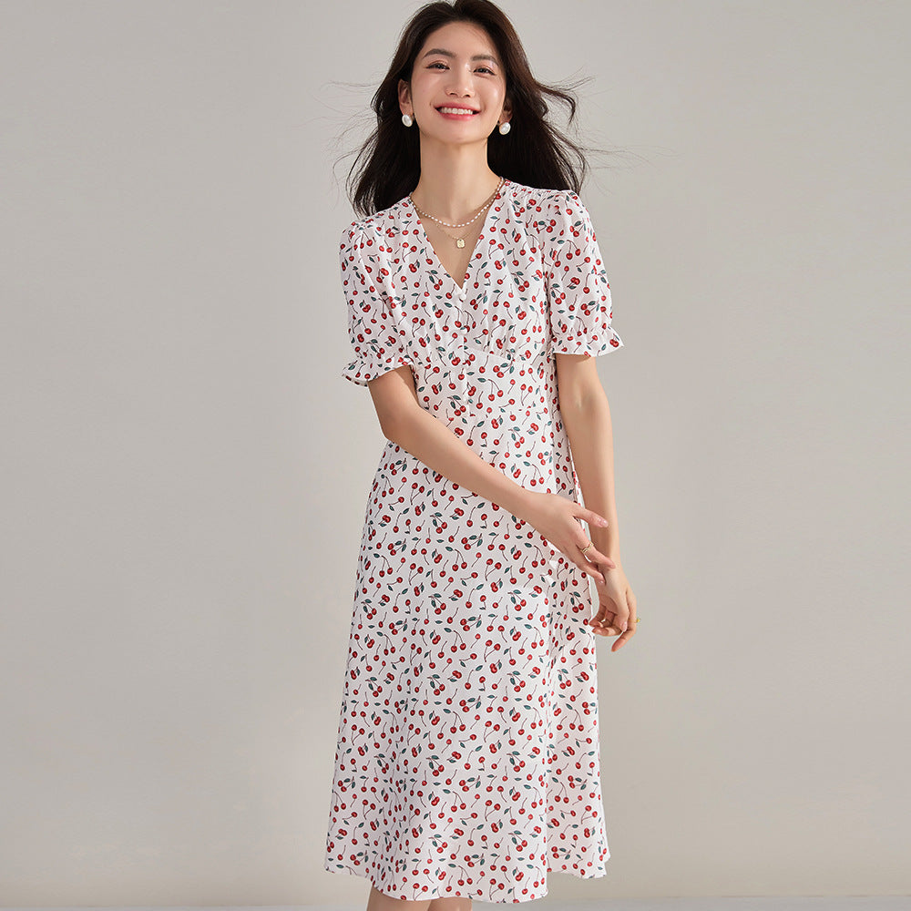 French Cherry Floral Chiffon Dress