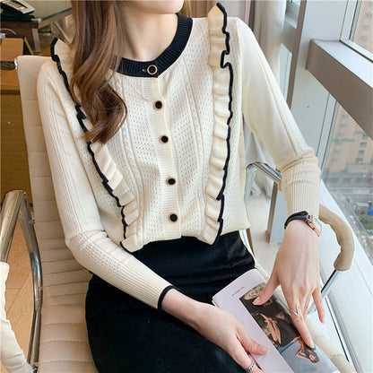 Women's Ruffled Knitted Top with Hollow Design