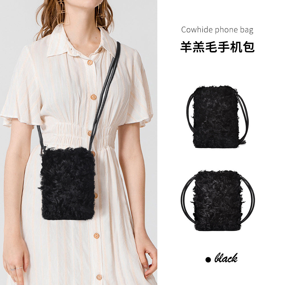 Lamb hair women's crossbody bag fashion student niche vertical plush small bag Korean trend single shoulder bag for women