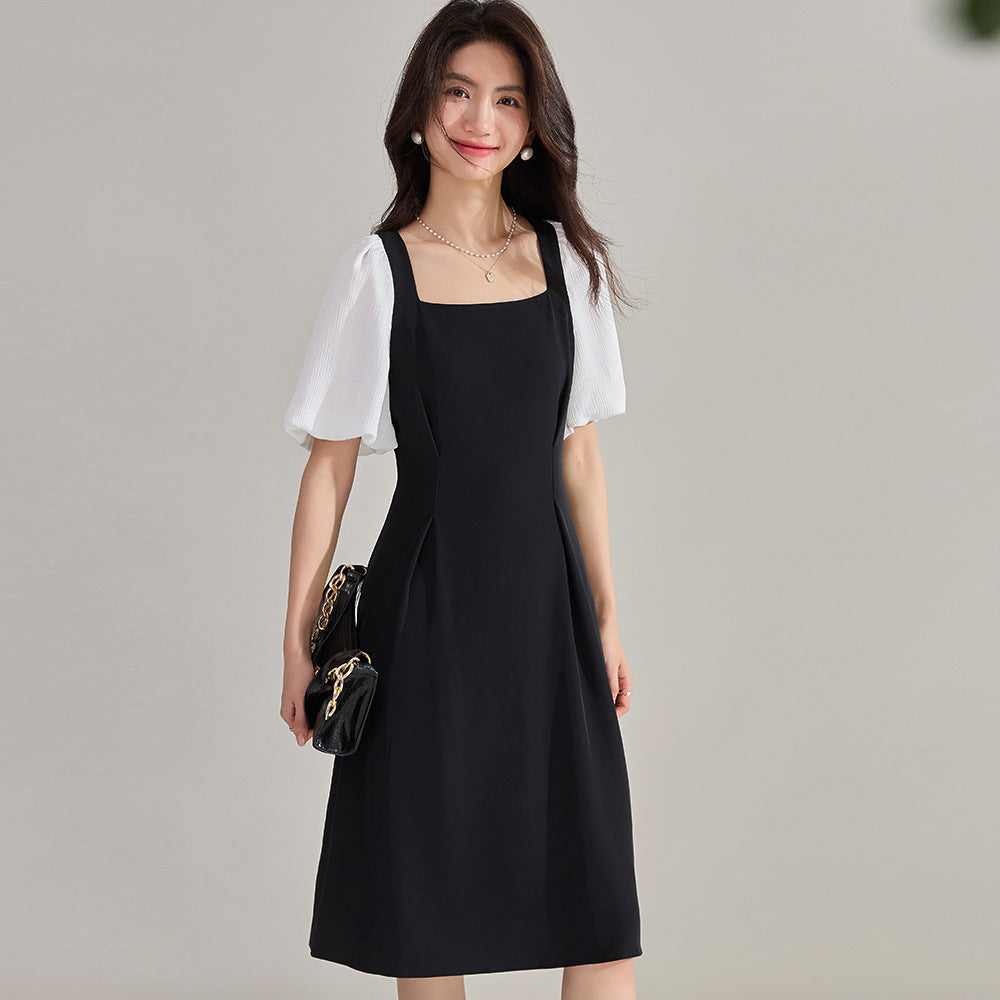 Elegance French Square Neck Puff Sleeve Black Dress