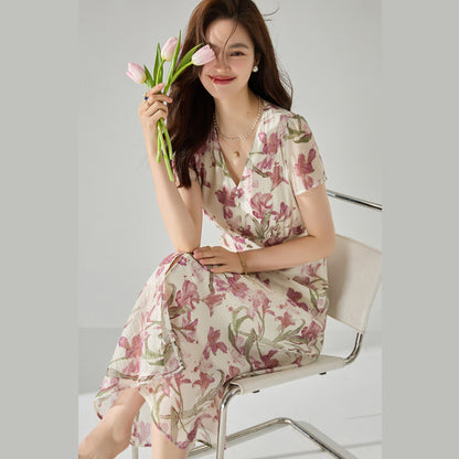 French Iris Floral V-Neck Midi Dress